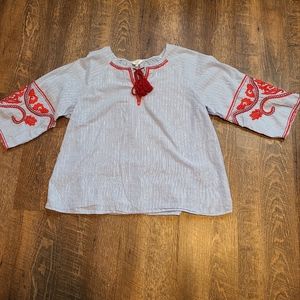 Crown & Ivy metallic pin stripe floral embroidered tassel tunic petite XL